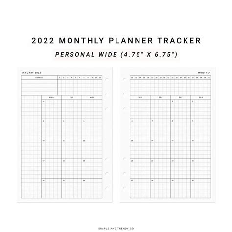Monthly Planner Printable Personal Wide 2022 Dated Monthly Monthly