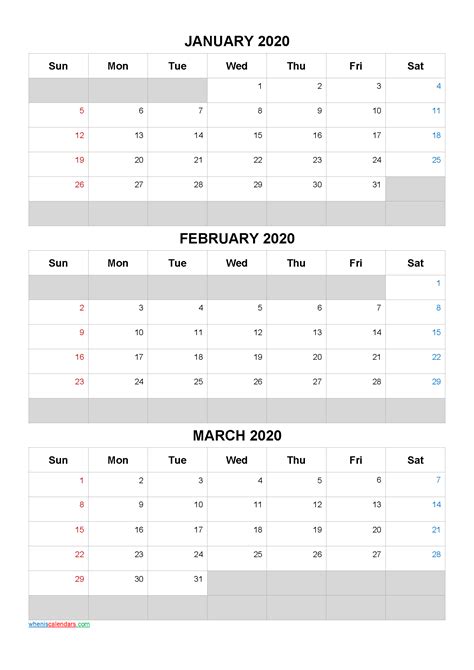 January February March 2020 Free Printable 3 Month Calendar 20ar5