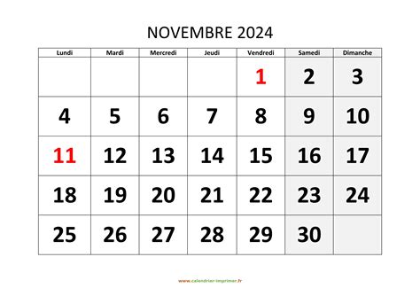 Calendrier Novembre à imprimer