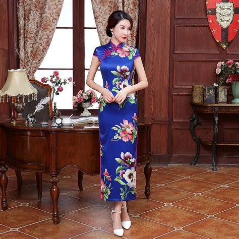 Sexy Royal Blue Ladies Long Cheongsam Dress Chinese Women Satin Qipao