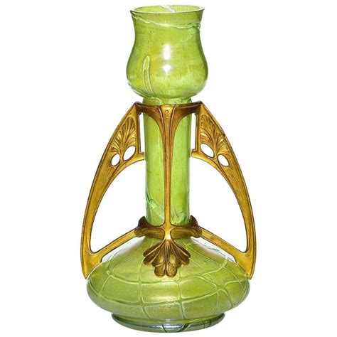 Kralik Pampas Iridescent Green Glass Vase With Art Nouveau Gilt Metal Mount At 1stdibs