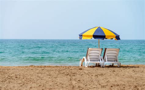Download Wallpaper 1920x1200 Deck Chairs Umbrella Beach Sea Summer