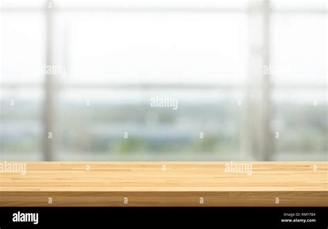 Wood Table Top On Blur Window Glass Restaurant Wall Backgroundfor