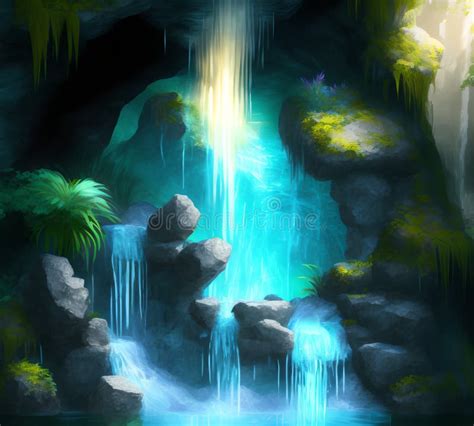 Fantasy Cave Waterfall Generative Ai Illustration Stock Illustration
