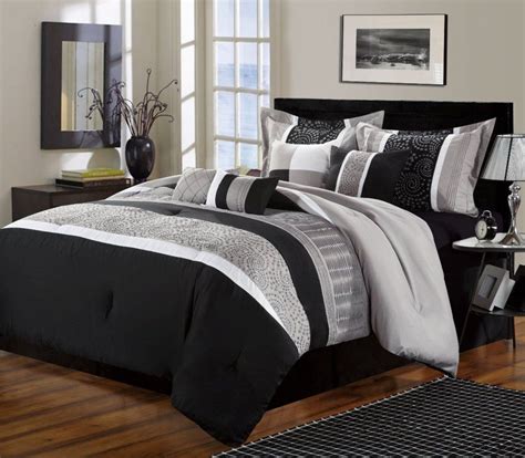 Black And Grey Duvet Cover With White Stripes Plus Pillow And Shams On