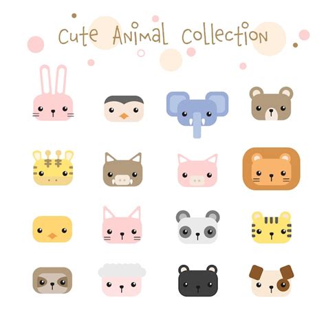 Set Of Cute Animals Head Pastel Cartoon Collection Vector Premium