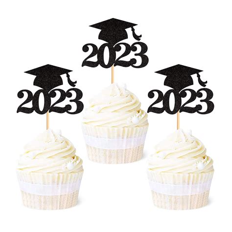 Buy Ercadio 36 Pack Black Glitter 2023 Graduation Cap Cupcake Toppers