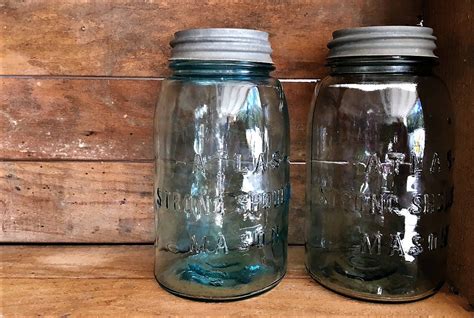 Two Vintage Atlas Aqua Quart Sized Mason Canning Jars With Zinc Lids