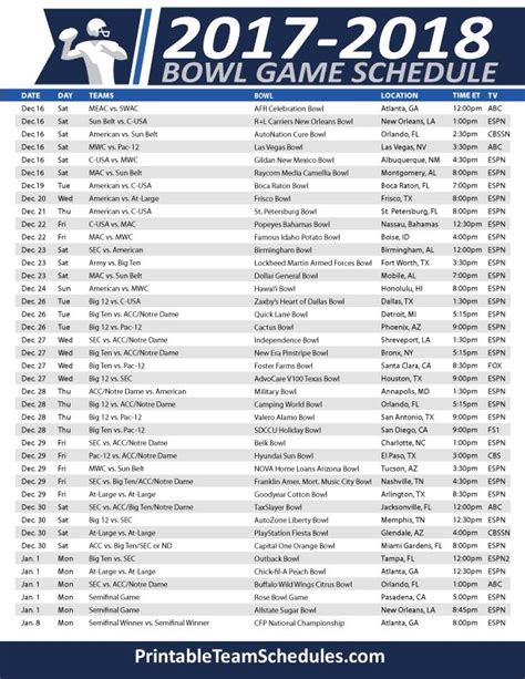 Printable College Football Bowl Schedule