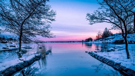 Download Wallpaper 1600x900 Lake Sunset Horizon Winter