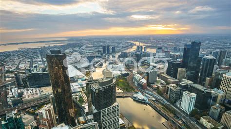 Aerial View Of Melbourne Cityscape During Sunset Timelapse Zoom In