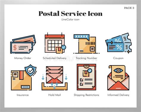 Postal Service Icons Linecolor Pack Stock Vector Illustration Of