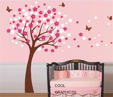 Romantic Cherry Blossom Flowers Tree With Butterfly Home House Art