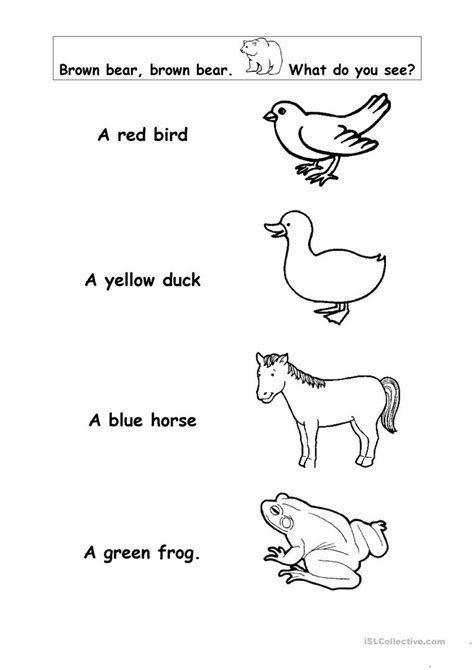 You can also place a stuffed brown bear in your reading center. Brown bear colouring worksheet - Free ESL printable ...
