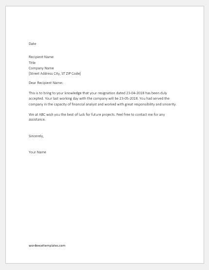 12 Acceptance Of Resignation Letter Templates In Word 3ea