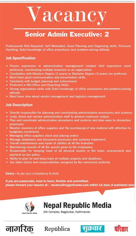 Khairil anuar mohammad anuar started his career as a senior executive in the insurance supervision department of the central bank of malaysia (bnm). Senior Admin Executive Job Vacancy in Nepal - Nepal ...