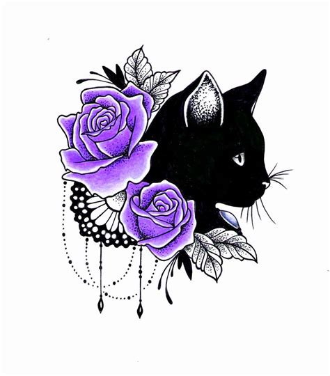 Black Cat Purple Flowers Tatuaje De Gato Negro Diseños De Tatuaje De