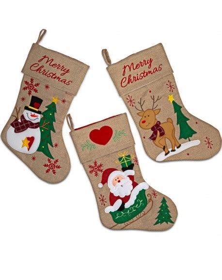 set of 3 burlap christmas stockings 18 holiday stocking decorations santa claus reindeer and