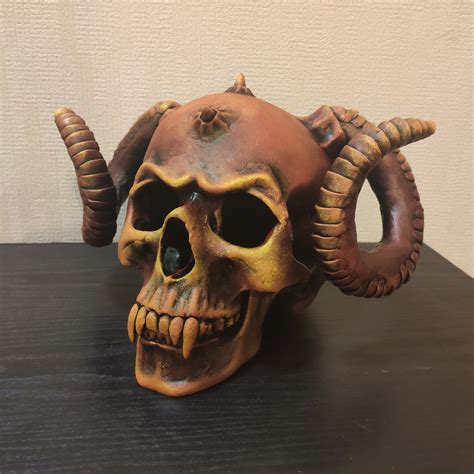 Demon Skull Human Skull With Ram Horns And Fangs Full Size Etsy