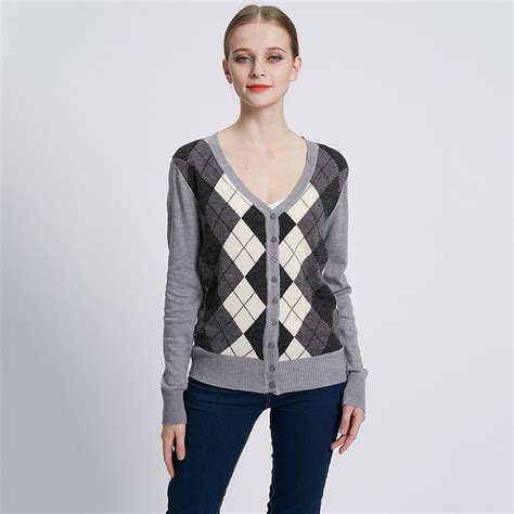 Autumn Ladies Jacquard Plaid Cardigan Sweater Casual Knitted Buttons Cardigan Free Shipping Gray