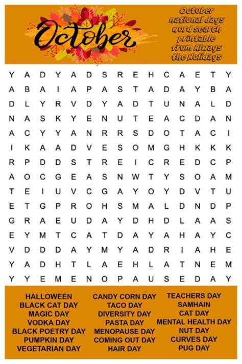 October Word Search Printable National Days Word Find Puzzle