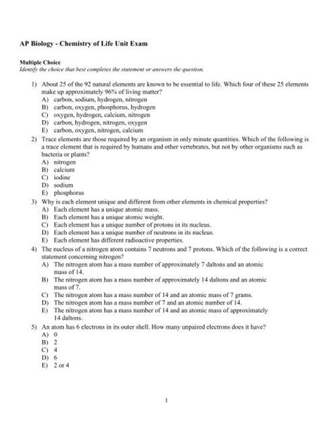 Examview 2011 2012 Ap Chemistry Of Life Unit Exam Ap Biology