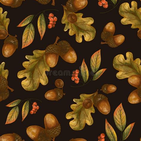 Oak Fall Leaves Seamless Pattern Autumn Acorn Texture Stock Image