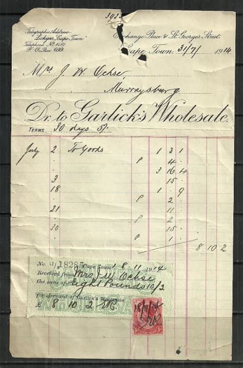 Numismatic Collectables Union Of South Africa 1914 Commercial Receipt