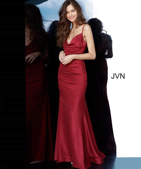 Jvn00967 Dress Jvn Burgundy Spaghetti Straps Plunging Prom Dress