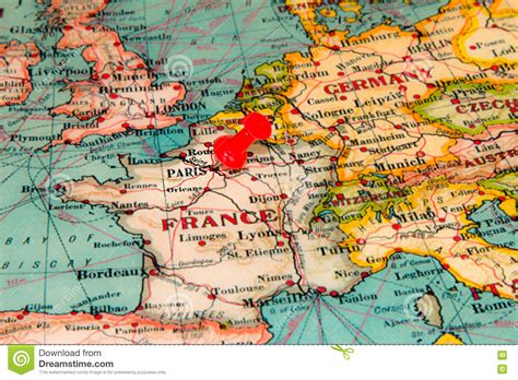 Paris France Pinned On Vintage Map Of Europe Stock Photo