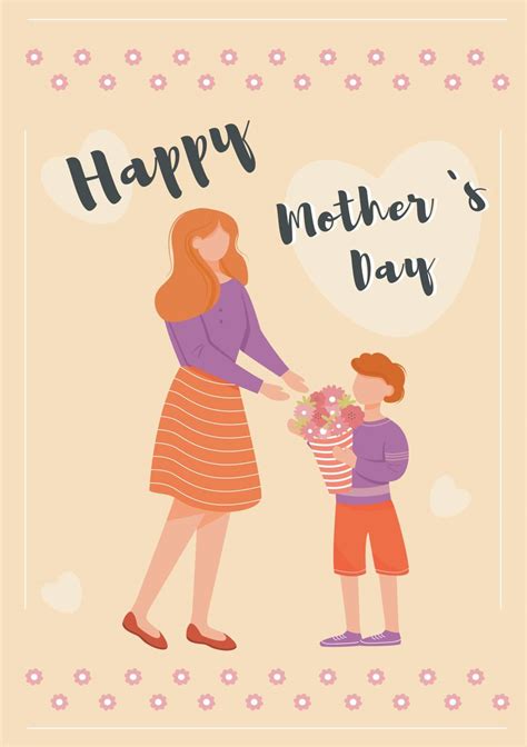Mothers Day Greeting Card Flat Vector Template Son Congratulate Mom Giving Flowers On Pink