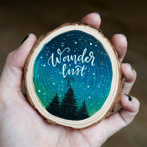 Wood Slice Disc Painting Galaxy Forest Wanderlust Calligraphy Hand