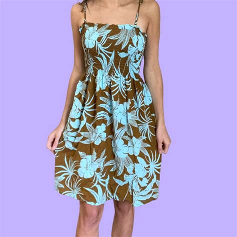 90s Vintage Hawaiian Floral Print Brown And Blue Sun Dress Fashion