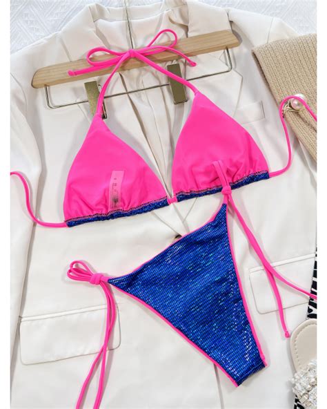 blue and pink sparkly glistening thong bikini