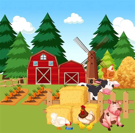 Free Vector Farm Scene With Farm Animals On The Farm