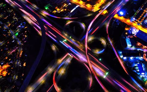 432544 Colorful Dark Aerial View Long Exposure Traffic Digital