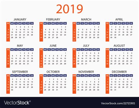 Best 2019 feminine planners for ladypreneurs. Horizontal pocket calendar on 2019 year simple Vector Image