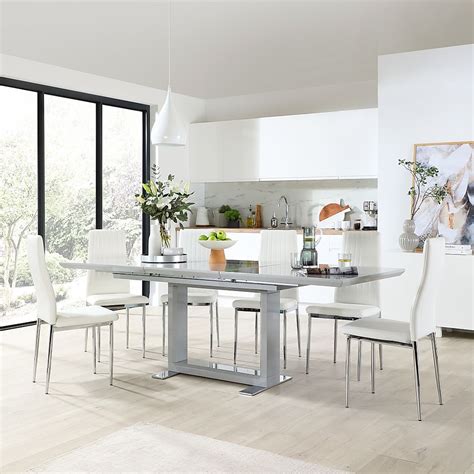 Tokyo Extending Dining Table And 8 Leon Chairs Grey High Gloss White Chrome Classic Faux