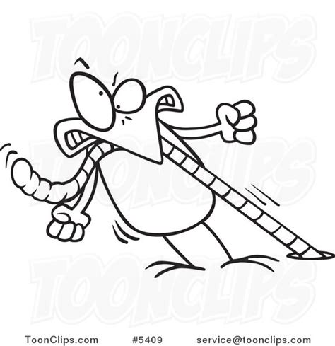 Cartoon Black And White Line Drawing Of A Robin Pulling On A Strong