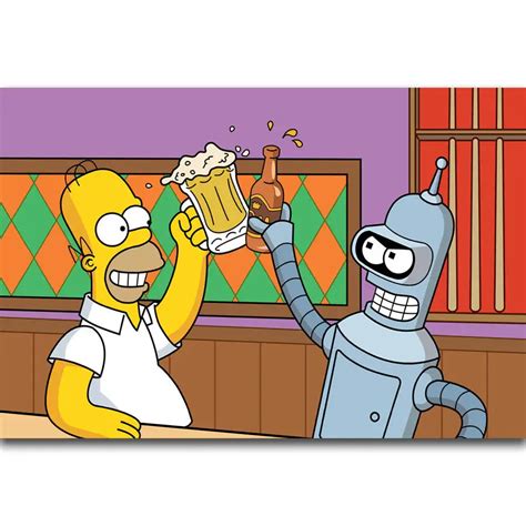 S2721 Futurama Bender And Simpsons Funny Cartoon Drinking Beer Wall Art