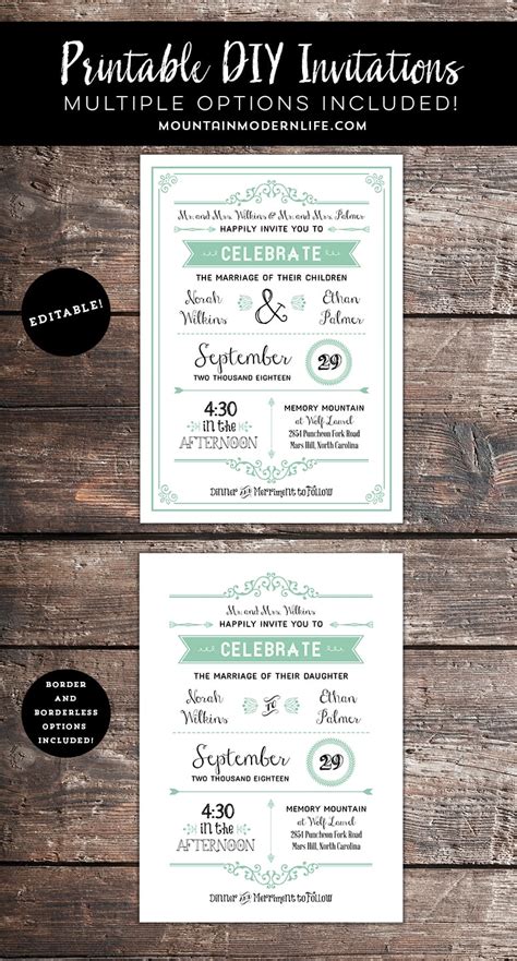 Rustic Mint DIY Wedding Invitation with Parent's Names