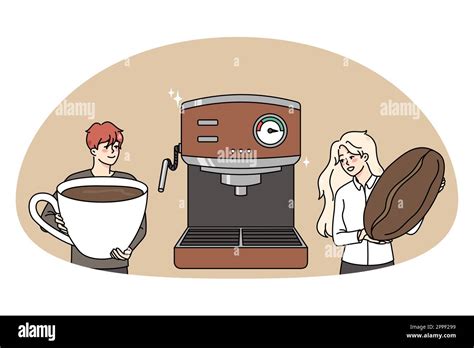 Diverse baristas make coffee in modern machine. Happy people prepare