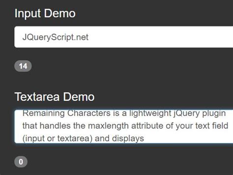 Remaining Character Counter jQuery Plugin For Text Fields | Free jQuery ...