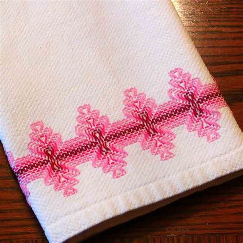 Vintage Huck Weave Tea Towel Pink And Red Swedish Weaving On White 1960s