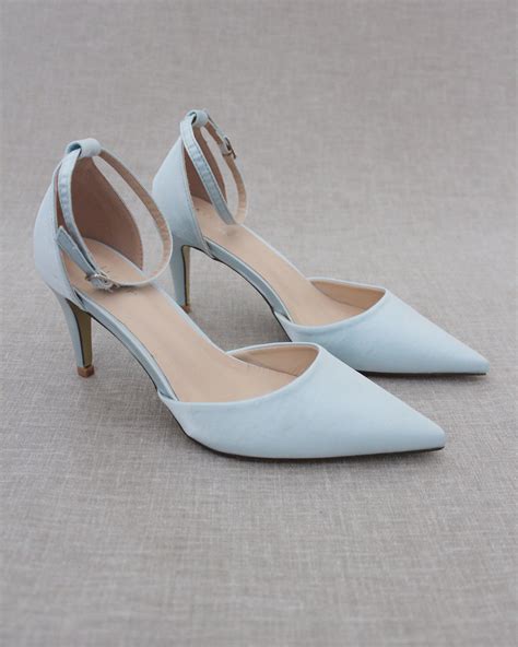Light Blue Satin Pointy Toe Heels With Ankle Strap In 2021 Blue
