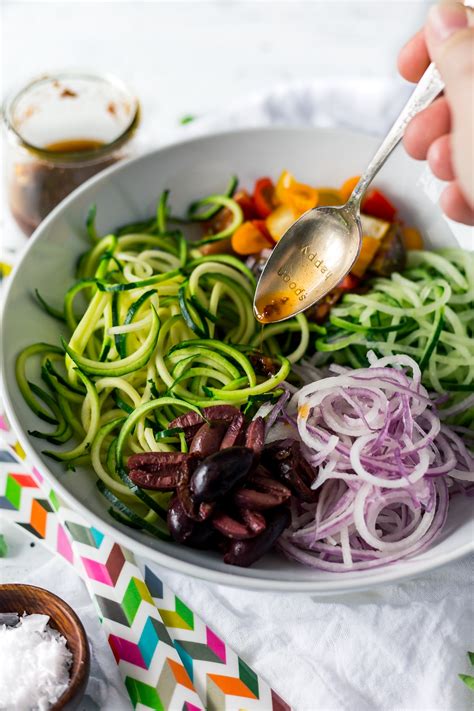 Mediterranean Spiralized Zucchini Salad With Sun Dried Tomato Dressing