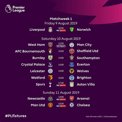 english premier league fixtures for 2019 2020