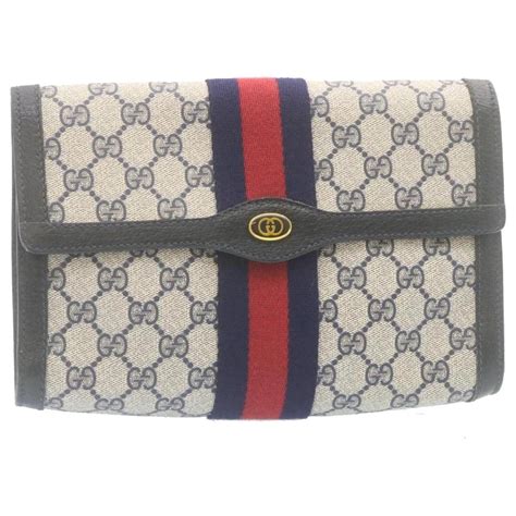 Gucci Gg Canvas Sherry Line Clutch Bag Navy Red Auth Th2423 Navy Blue