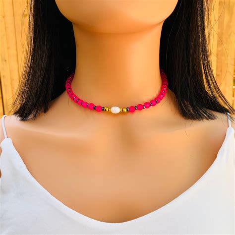 Colorful Beaded Choker Necklace Hot Pink Necklace Pearl Etsy