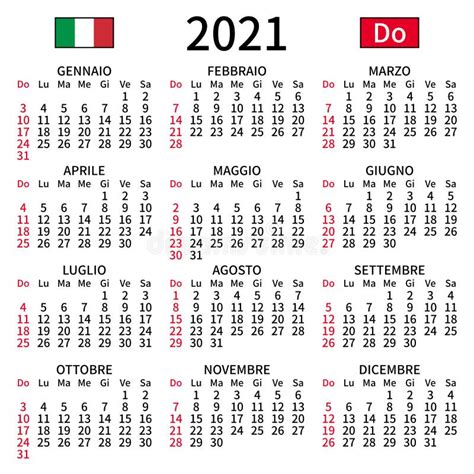 Italian Calendar 2021 Sunday Stock Vector Illustration Of Isolated